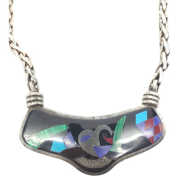 Taxco Jewelry - Taxco Mexico Sterling Silver Multi-Colored Inlay Necklace #22585